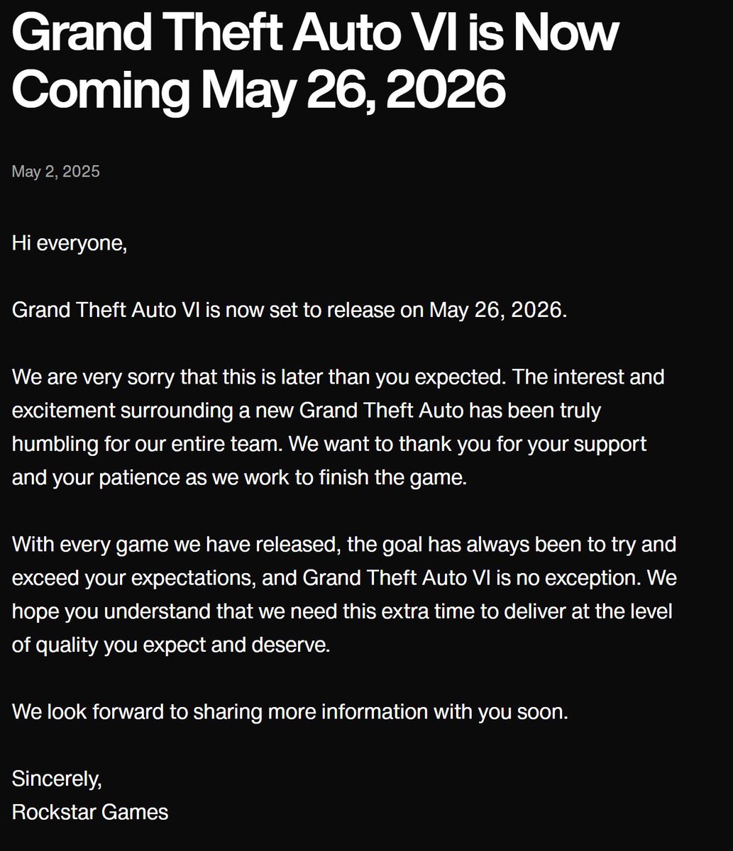 Zero Control (@zerocontrolmx) on Twitter photo #GrandTheftAutoVI se retrasa hasta el 26 de mayo de 2026
<a href="/RockstarGames/">Rockstar Games</a> se disculpa por el cambio, agradeciendo a los fans el apoyo, afirmando que necesita más tiempo para que #GTA6 tenga la calidad que la gente espera y merece
La empresa espera compartir más información pronto #GrandTheftAutoVI se retrasa hasta el 26 de mayo de 2026
<a href="/RockstarGames/">Rockstar Games</a> se disculpa por el cambio, agradeciendo a los fans el apoyo, afirmando que necesita más tiempo para que #GTA6 tenga la calidad que la gente espera y merece
La empresa espera compartir más información pronto