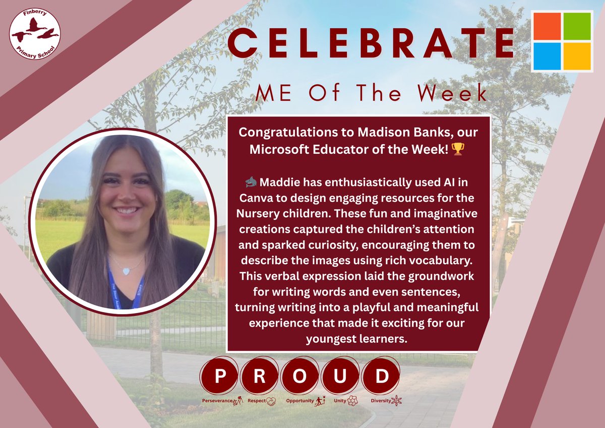 Finberry Primary School (@finberryprimary) on Twitter photo Congrats to Maddie at @FinberryPrimary for using AI via <a href="/CanvaEdu/">Canva for Education</a> to bring storytelling alive in Nursery! Inspiring curiosity and vocabulary in the youngest learners πΆπΌοΈ
@MicrosoftEdu @MSEEducationUK #ProudToBeFinberry #MEoftheWeek #EarlyYears Congrats to Maddie at @FinberryPrimary for using AI via <a href="/CanvaEdu/">Canva for Education</a> to bring storytelling alive in Nursery! Inspiring curiosity and vocabulary in the youngest learners πΆπΌοΈ
@MicrosoftEdu @MSEEducationUK #ProudToBeFinberry #MEoftheWeek #EarlyYears
