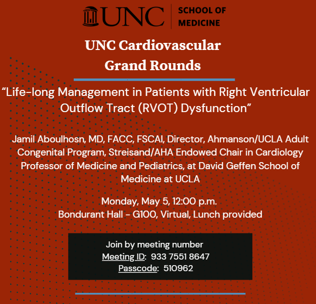 UNC Division of Cardiology (@unccardiology) on Twitter photo Jamil Aboulhosn, MD, Director, Adult Congenital Program & Professor of Medicine and Pediatrics, UCLA, will be our next Cardiology Grand Rounds speaker on Monday, May 5. <a href="/UNC_SOM/">UNC School of Medicine</a> <a href="/UNCDeptMedicine/">UNC Department of Medicine</a> <a href="/UNC_Health_Care/">UNC Health</a> #CardioEd
Join from the Zoom meeting link:
go.unc.edu/Bx45R Jamil Aboulhosn, MD, Director, Adult Congenital Program & Professor of Medicine and Pediatrics, UCLA, will be our next Cardiology Grand Rounds speaker on Monday, May 5. <a href="/UNC_SOM/">UNC School of Medicine</a> <a href="/UNCDeptMedicine/">UNC Department of Medicine</a> <a href="/UNC_Health_Care/">UNC Health</a> #CardioEd
Join from the Zoom meeting link:
go.unc.edu/Bx45R