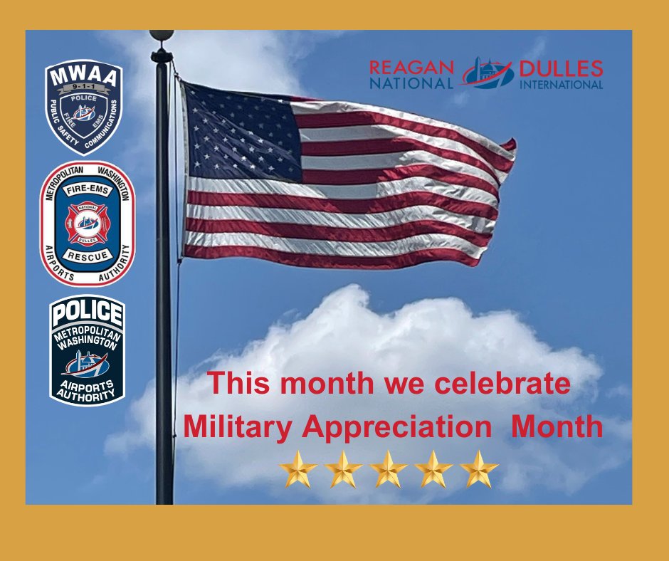 MWAAFireRescue's tweet image. 🇺🇸 May is #MilitaryAppreciationMonth! 🇺🇸
This month we take a moment to honor & celebrate those who have served or are currently serving in our Nations Military.
🌟#wethankyou🌟
@mwaapd @MWAAHQ @Dulles_Airport @Reagan_Airport