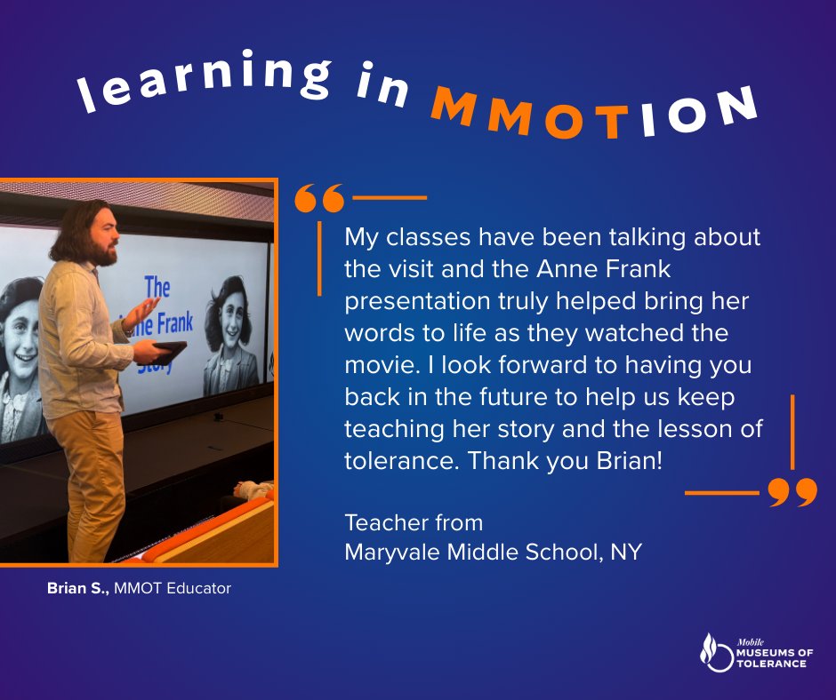 MobileTolerance's tweet image. We’re thrilled to share that the Mobile Museums of Tolerance are in gear and driving change! Big thanks to our educators for steering powerful lessons of tolerance into classrooms across the country.
Brian, one of our incredible New York educators, really took the wheel and made…