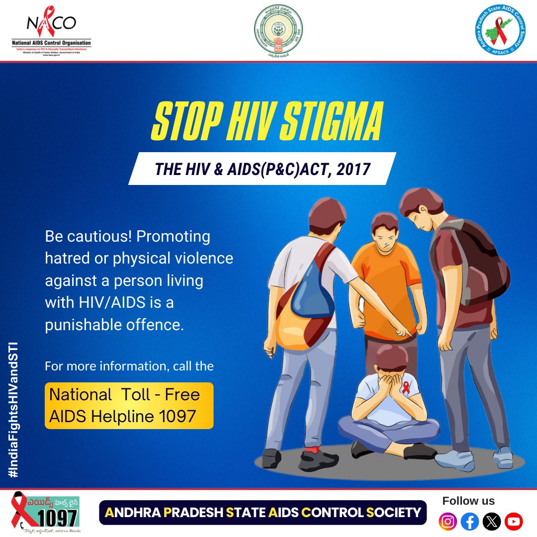 APSACS2020's tweet image. 🛑 Stop HIV Stigma | Know the Law, Show Respect
Promoting hatred or violence against someone living with HIV/AIDS is a punishable offence under the HIV &amp;amp; AIDS (Prevention &amp;amp; Control) Act, 2017.
#StopHIVStigma #KnowTheLaw #IndiaFightsHIV #RespectAndProtect
#HIVAIDSAwareness