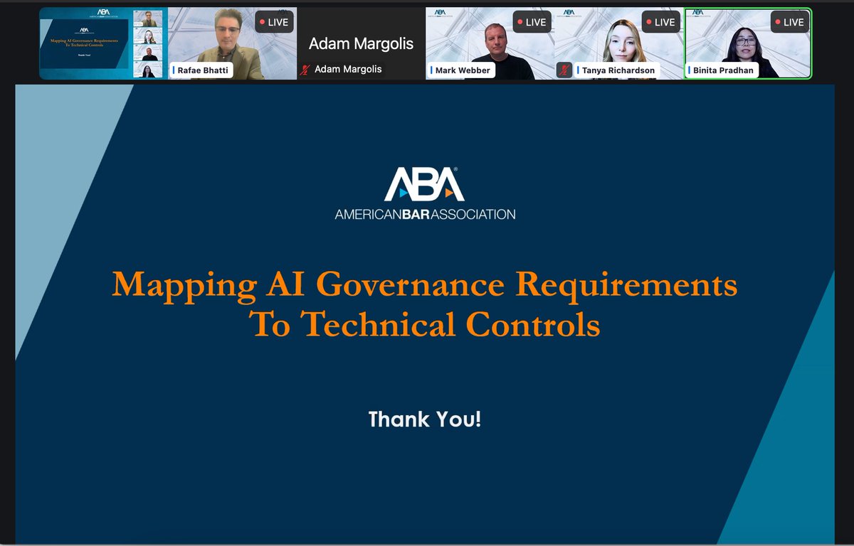 Rafae Bhatti (@privacyphd) on Twitter photo Highlights from our AI Governance CLE webinar co-sponsored by <a href="/ABASciTech/">ABA SciTech</a> and <a href="/ABATIPS/">ABA TIPS</a> sections.
linkedin.com/posts/rafaebha… Highlights from our AI Governance CLE webinar co-sponsored by <a href="/ABASciTech/">ABA SciTech</a> and <a href="/ABATIPS/">ABA TIPS</a> sections.
linkedin.com/posts/rafaebha…
