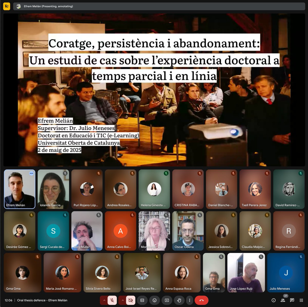 Després d'un intens viatge, avui hem pogut gaudir de l'excel·lent defensa de tesi doctoral que ha fet l'<a href="/efrem_/">𝚎 𝚏 𝚛 𝚎 𝚖</a> Sala plena, discussió en profunditat i debat: fan prou les universitats perquè els estudiants en línia se sentin benvinguts i recolzats? Enhorabona, Efrem!