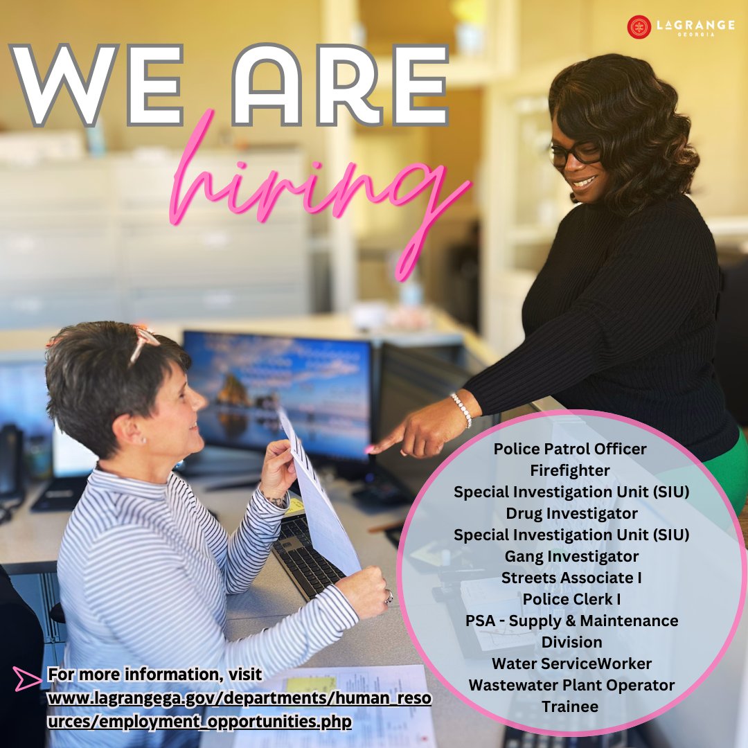Are you looking for a job? The City of LaGrange currently has several openings. Below are the openings as of 5/1/25. For more information visit:
lagrangega.gov/departments/hu…