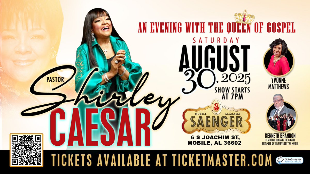 ON SALE NOW! Don't miss Pastor Shirley Caesar, The Queen of Gospel, live in Mobile August 30th! Get your seats now at the box office or bit.ly/shirley25

#MobileAlabama #MobileAL #MobileCounty #BaldwinCounty #GulfCoast #DowntownMobile #Pensacola #Biloxi