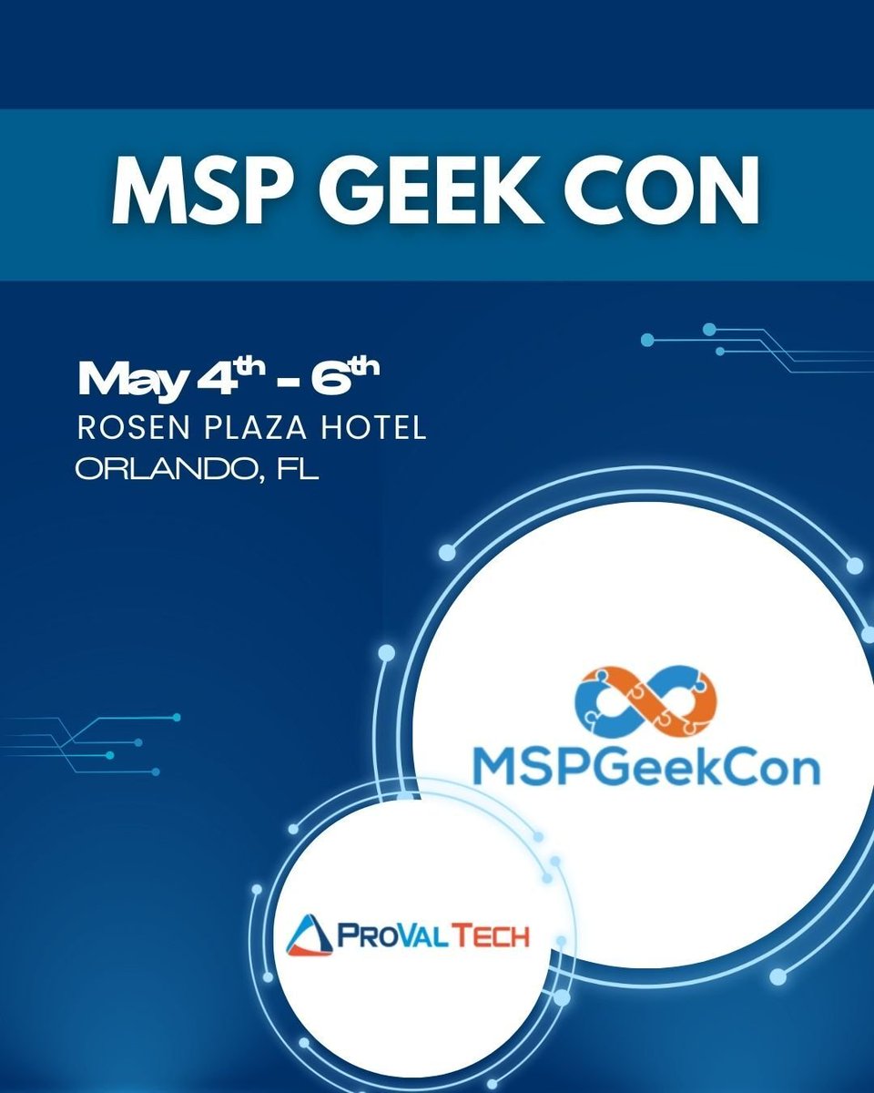 provaltech's tweet image. Headed to MSP Geek Con? So are we! 
Catch the ProVal Tech team in Orlando May 4–6. We can't wait to connect and talk all things MSP! 💻
#MSP #ProValTech #MSPGeekCon #MSPStrategy