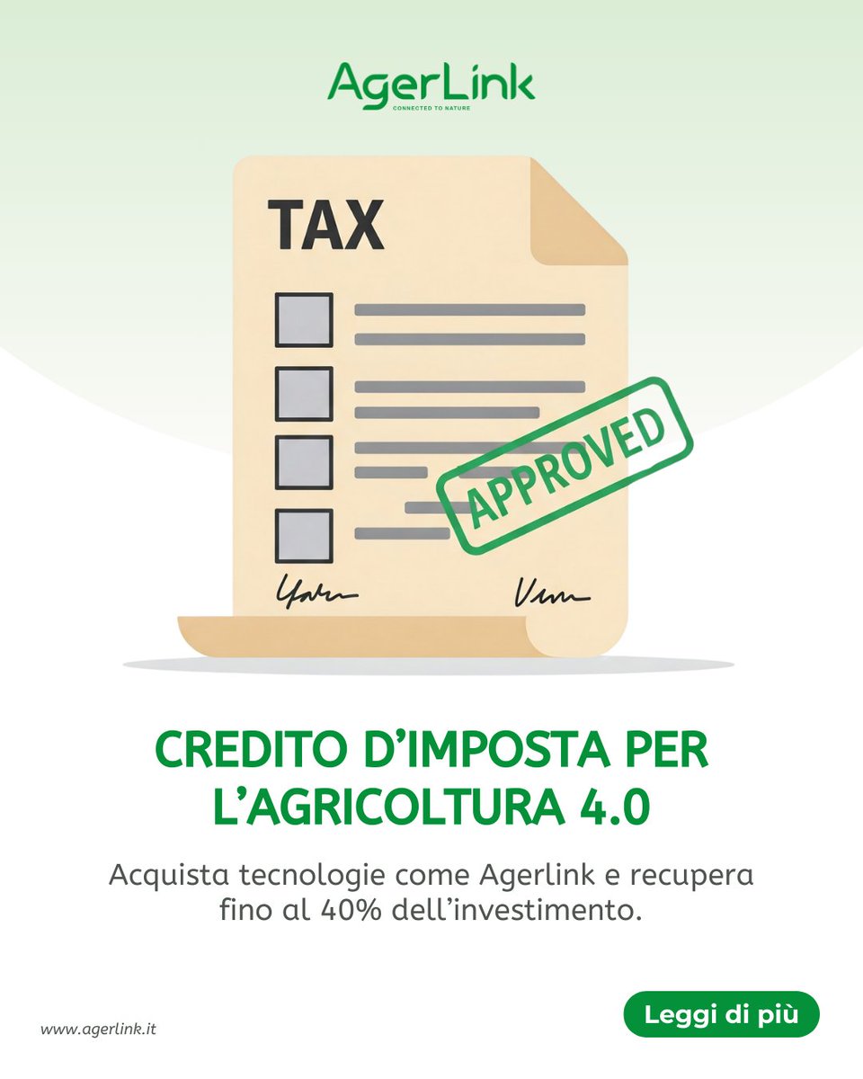 AgerLink_it's tweet photo. Sai che puoi recuperare fino al 40% investendo nella digitalizzazione agricola?
Con Agerlink e i fondi PNRR, innovare conviene.
#Agerlink #CreditoDImposta #AgricolturaDigitale #PNRR #InnovazioneInCampo https://t.co/B7lCsIrqU7