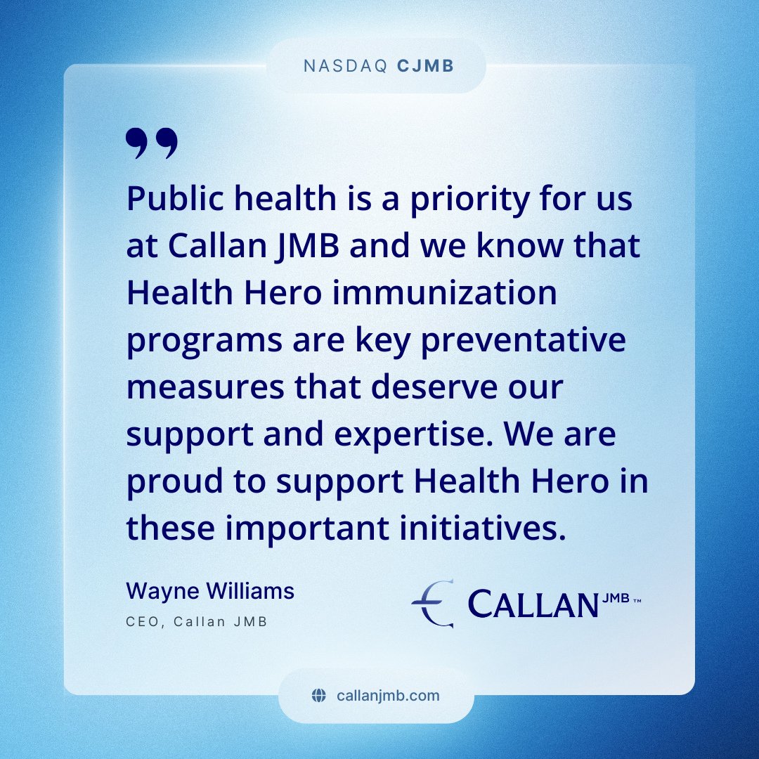 Public health is a priority at Callan JMB. That’s why we proudly support Health Hero’s immunization programs—proven preventative measures that make a real difference in our communities. Together, we’re building a healthier future. 
Learn more 👉 callanjmb.com

$CJMB