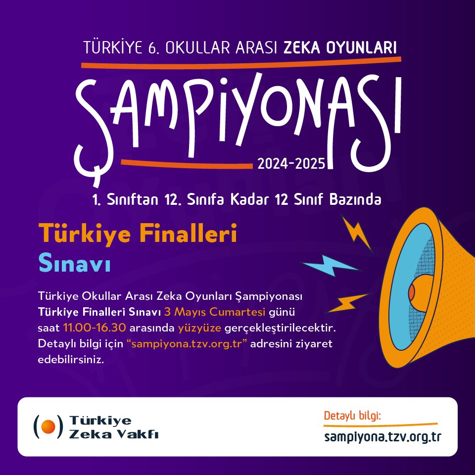 Türkiye Okullar Arası Zeka Oyunları Şampiyonası Türkiye Finalleri Sınavı 3 Mayıs Cumartesi günü yüz yüze yapılacaktır! 
📌 Detaylı bilgi için “sampiyona.tzv.org.tr” adresini ziyaret edebilirsiniz.
#TürkiyeZekaVakfı #Tozoş #Şampiyona #FinalSınavı