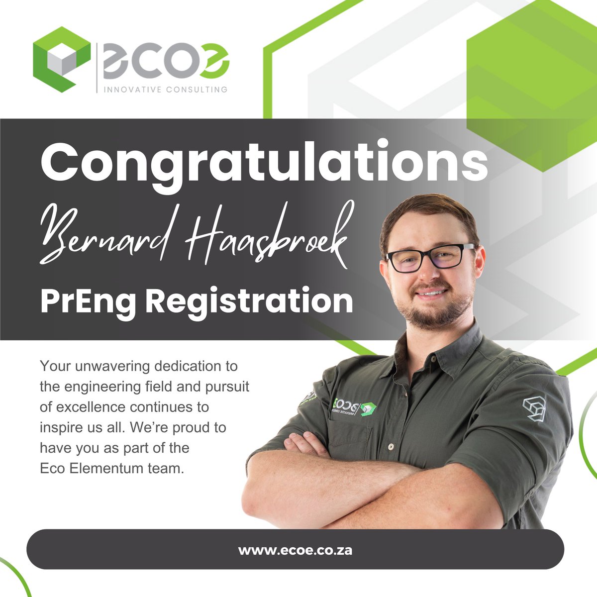 EcoElementum's tweet image. 👏 Big congratulations to Bernard Haasbroek on earning his PrEng registration with ECSA! A proud moment for Bernard and for all of us at Eco Elementum. 💚

#EngineeringWin #PrEng #ECSA #TeamEcoElementum