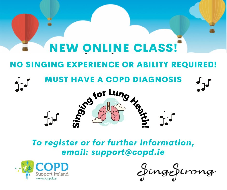 COPD Support Ireland (@copdsupportire) on Twitter photo COPD Support Ireland is delighted to offer a new online <a href="/SingStrongIre/">SingStrong Ireland</a> beginners class to any of our members! This is a free 8 week programme which we hope to commence on Friday 9th May at 10am, subject to numbers.
To register, contact support@copd.ie. COPD Support Ireland is delighted to offer a new online <a href="/SingStrongIre/">SingStrong Ireland</a> beginners class to any of our members! This is a free 8 week programme which we hope to commence on Friday 9th May at 10am, subject to numbers.
To register, contact support@copd.ie.