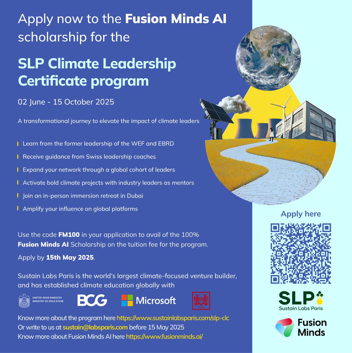 sheriftwt's tweet photo. 🌏 Win a $3,700 #climate leadership scholarship

@fusionmindsai, in strategic partnership with Sustain Labs Paris and backed by global climate pioneer Miniya Chatterji, presents the Fusion Climate Challenger Campaign - a transformative initiative designed to equip leaders with cutting-edge knowledge and tools to pioneer sustainable solutions.

You could earn:
🏆 Full tuition scholarship (valued at $3,700) to the elite #SLP Climate Leadership Certificate Program, curated by faculty from the @wef, @EBRD, and Switzerland’s foremost leadership experts. This is an amazing opportunity providing unparalleled access to a global network of sustainability trailblazers and strategic frameworks to address humanity’s greatest challenges.

To apply:
1️⃣ Master 6 Fusion ED Courses | To begin, click here ➡️ https://t.co/6EDmU0uE1A
2️⃣ Craft a 1–3 minute video | Highlight your personal climate journey and commitment to sustainable action.
3️⃣ Film a 3–5 minute expert briefing | Demystify a complex sustainability challenge for broad impact.
4️⃣ Share both videos and tag Fusion Minds AI | Use #FusionForClimate to join the movement.

This is more than a scholarship - it’s a call to action. By advancing your expertise, you can help inspire actionable change on a global scale. Are you ready?

📌 Apply now: https://t.co/wKr51BiwSE
🔑 Scholarship code: FM100 (Apply directly via SLP)
⏳ Deadline: May 15, 2025
📅 Program schedule: June 2 - October 15, 2025
📘 Curriculum preview: https://t.co/tUbgnZptQ1