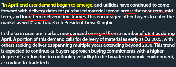 hchris999's tweet photo. We have been told that utilities #uranium requirements are fully covered in the short term. While this is true for most utilities, it is not the case for all. Per @U3O8TradeTech demand showed up in April for delivery as early as Q3 2025.

https://t.co/5HnlSirwY4 https://t.co/saW3oSqyjw