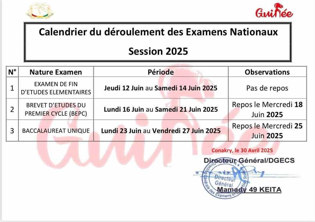 Calendrier du déroulement des examens nationaux, session 2025 en Guinée.
Du 12 au 27 Juin 2025
Bonne chance aux candidats.