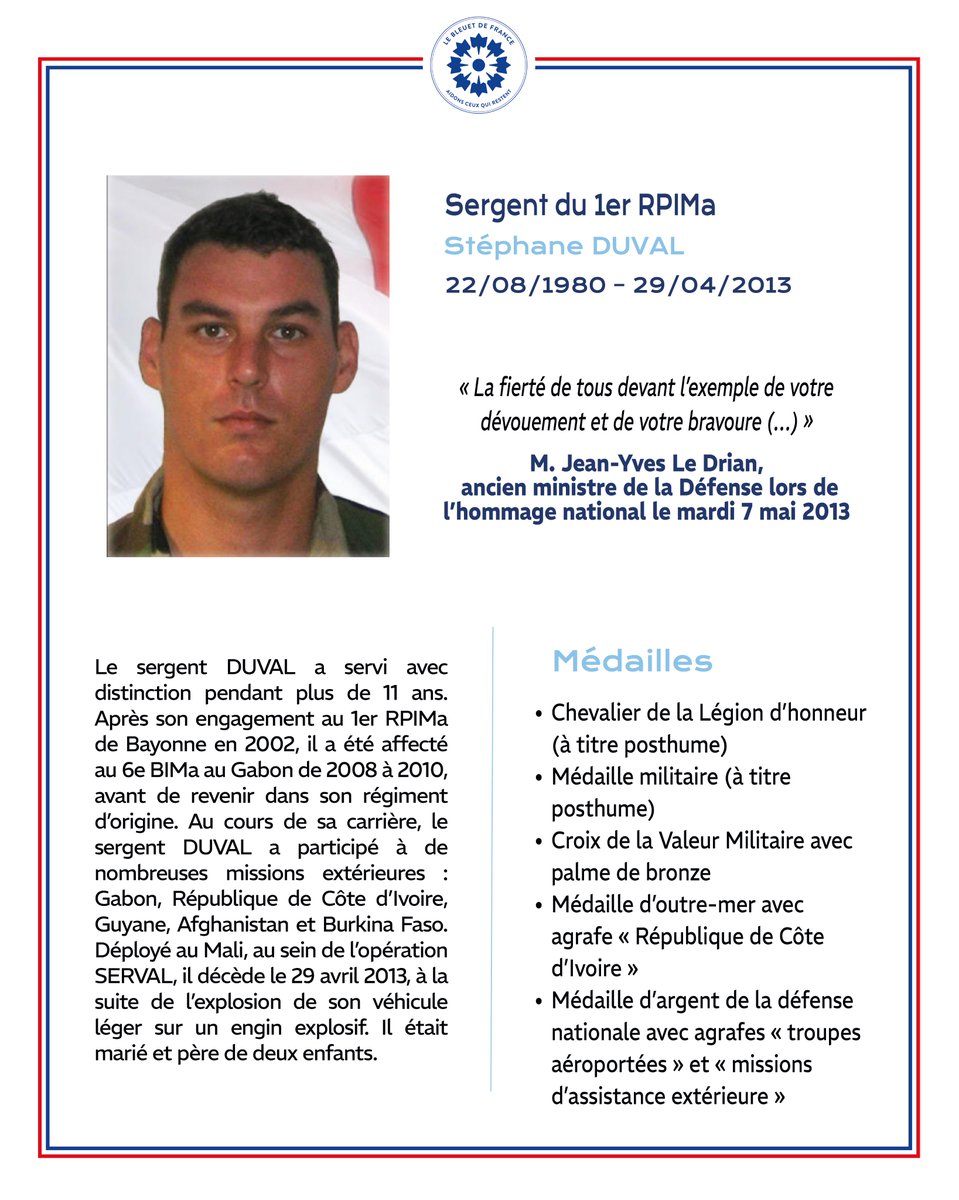 BleuetFrance's tweet image. 🕊️ En ce début mai, nous honorons nos héros tombés en mission: Major JEANSANETAS, Sergent DUVAL, Brigadier MARTYNYOUK et 1ère classe CLEMENT.

Pour le 8 mai, portons le Bleuet en leur #mémoire et soutenons leurs familles de ces #soldats qui ont donné leur vie pour la France !