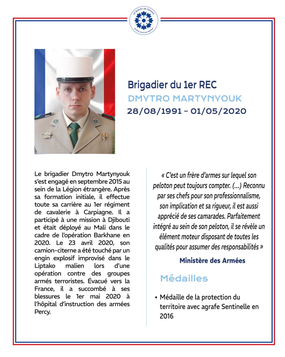 BleuetFrance's tweet image. 🕊️ En ce début mai, nous honorons nos héros tombés en mission: Major JEANSANETAS, Sergent DUVAL, Brigadier MARTYNYOUK et 1ère classe CLEMENT.

Pour le 8 mai, portons le Bleuet en leur #mémoire et soutenons leurs familles de ces #soldats qui ont donné leur vie pour la France !