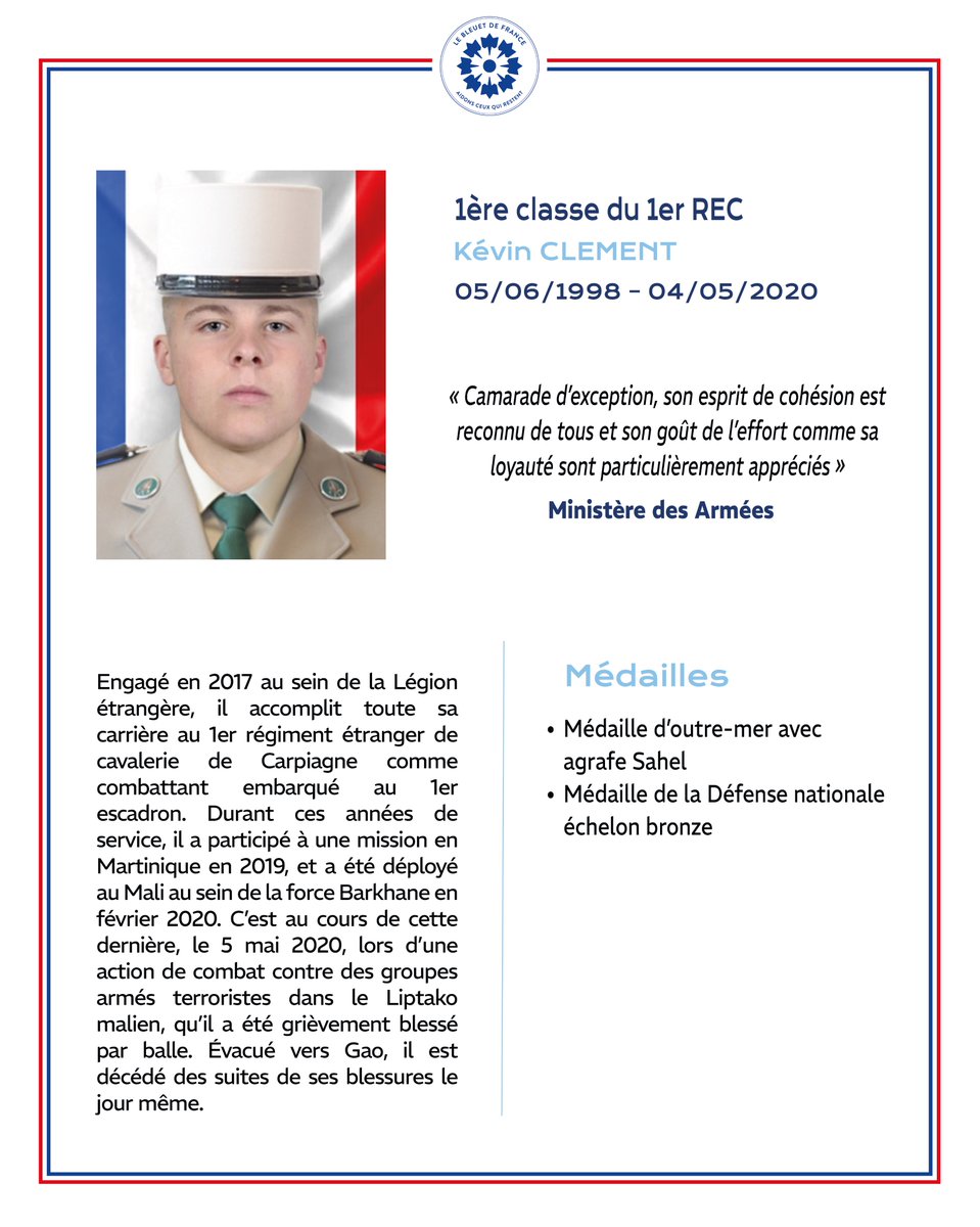 🕊️ En ce début mai, nous honorons nos héros tombés en mission: Major JEANSANETAS, Sergent DUVAL, Brigadier MARTYNYOUK et 1ère classe CLEMENT.

Pour le 8 mai, portons le Bleuet en leur #mémoire et soutenons leurs familles de ces #soldats qui ont donné leur vie pour la France !