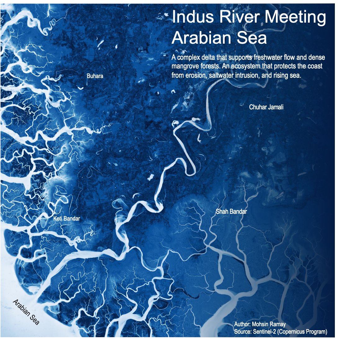 Rivers don’t just end, they leave legacies!

See how the Indus River meets the Arabian Sea —
A delta that nourishes mangroves and buffers the coast.

#IndusRiver #RemoteSensing #dataviz