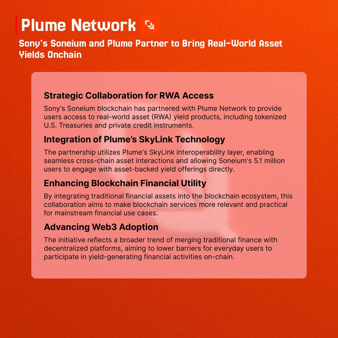 Big news: Sony’s <a href="/soneium/">Soneium 💿</a> blockchain is teaming up with <a href="/plumenetwork/">Plume ✈️🇦🇪 TOKEN2049</a>!

Together, we're bringing real-world yields (like U.S. Treasuries and private credit) onchain. Thanks to Plume’s SkyLink tech, Soneium’s users can now tap into these assets easily and securely.

It’s a major