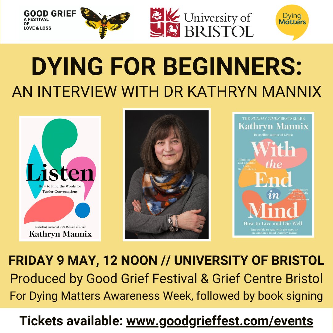 Good Grief Festival (@goodgrieffest) on Twitter photo Our Weston-super-Mare event with <a href="/drkathrynmannix/">Kathryn Mannix</a> is sold out!
BUT... you can still grab a ticket for her <a href="/BristolUni/">University of Bristol</a> interview next Friday lunchtime
ticketsource.co.uk/goodgrieffest/…
#DyingMattersAwarenessWeek @dyingmatters <a href="/GriefCentreBris/">Bristol Centre for Grief Research & Engagement</a> <a href="/UoBrisIBAMH/">UoBris Intercalated BA in Medical Humanities</a> <a href="/capcbristol/">CAPC, Bristol</a> <a href="/PEoLCSW/">Bristol Palliative and End of Life Care Research</a> <a href="/hospiceuk/">Hospice UK</a> Our Weston-super-Mare event with <a href="/drkathrynmannix/">Kathryn Mannix</a> is sold out!
BUT... you can still grab a ticket for her <a href="/BristolUni/">University of Bristol</a> interview next Friday lunchtime
ticketsource.co.uk/goodgrieffest/…
#DyingMattersAwarenessWeek @dyingmatters <a href="/GriefCentreBris/">Bristol Centre for Grief Research & Engagement</a> <a href="/UoBrisIBAMH/">UoBris Intercalated BA in Medical Humanities</a> <a href="/capcbristol/">CAPC, Bristol</a> <a href="/PEoLCSW/">Bristol Palliative and End of Life Care Research</a> <a href="/hospiceuk/">Hospice UK</a>