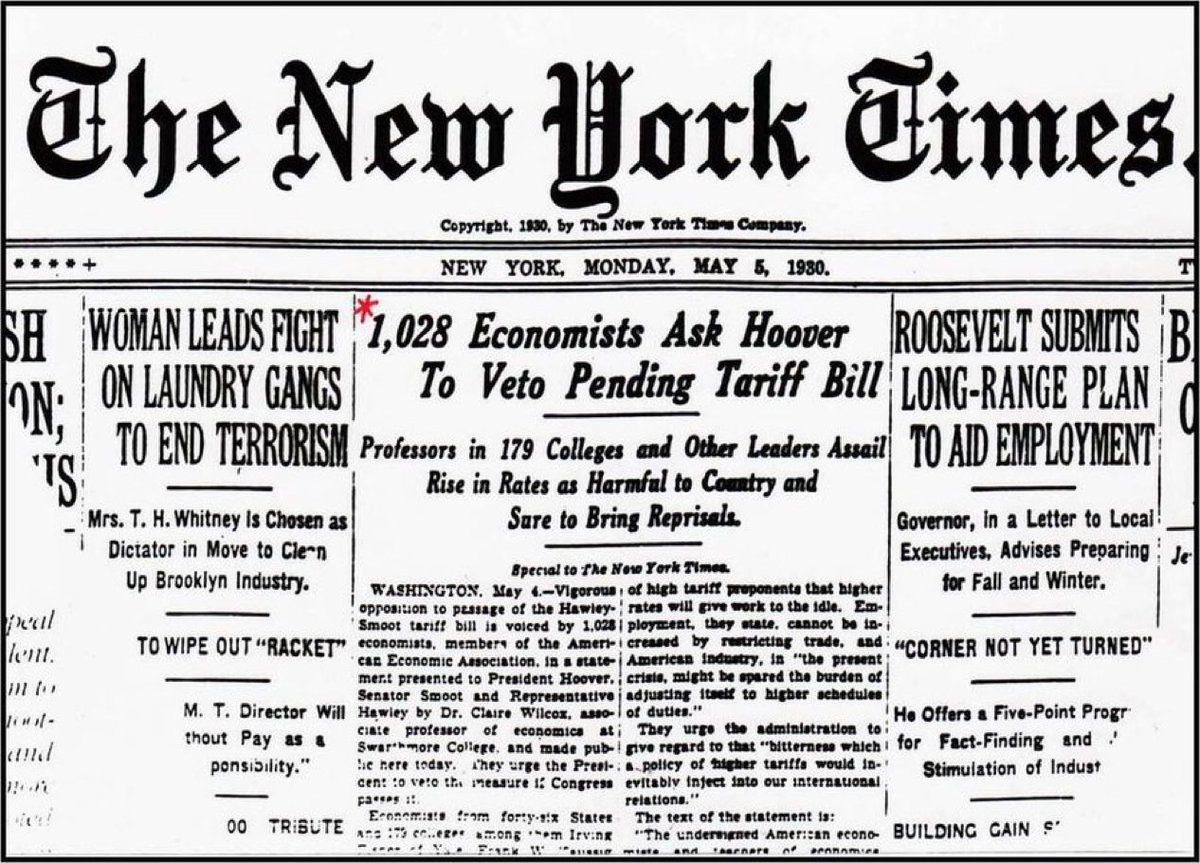On May 5, 1930, 1,028 economists urged President Herbert Hoover to veto the Smoot-Hawley Tariff Bill, warning it would harm the economy and provoke global reprisals. Despite the plea, it passed—and is now seen by many historians as an accelerant to the Great Depression.