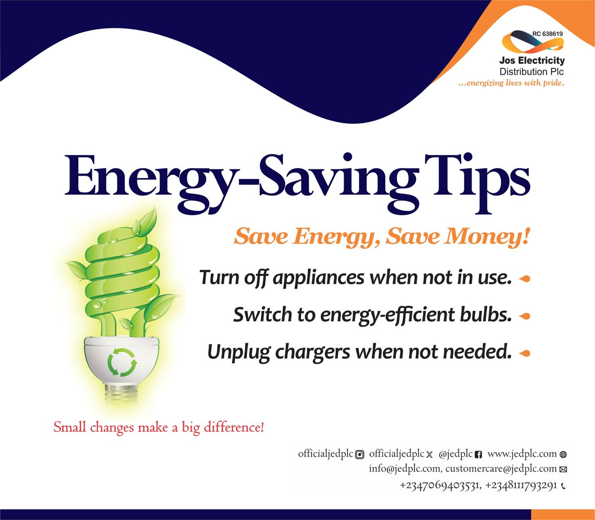 Save Energy, Save Money - Small changes make a BIG difference.

#jedplc
#energizingliveswithpride 
#energysaving