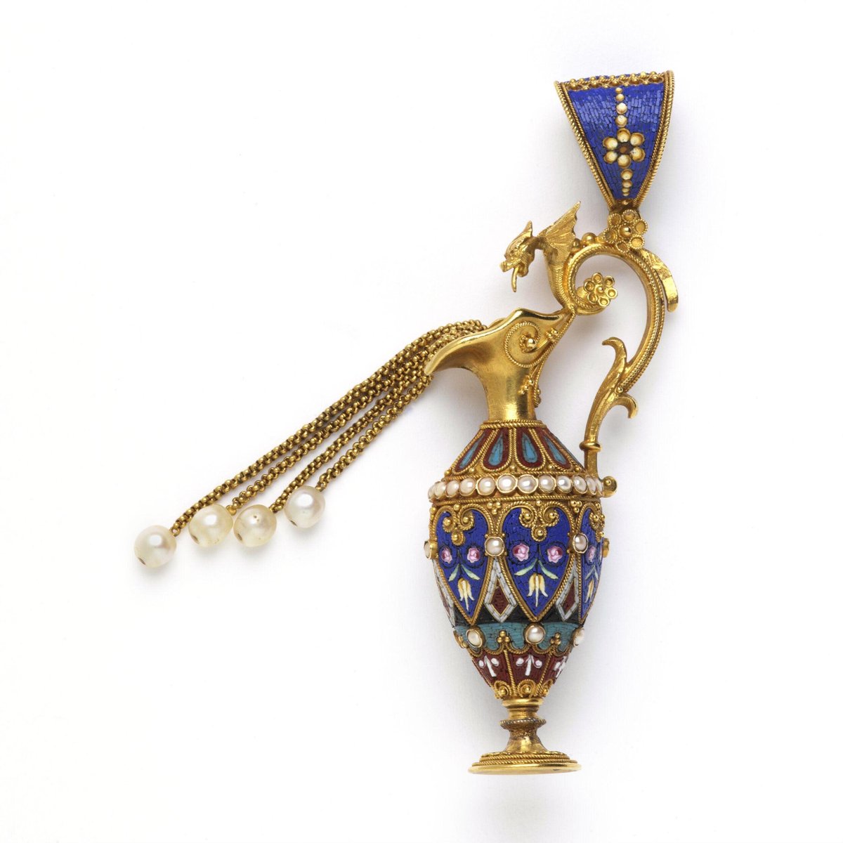 wikivictorian's tweet photo. Pendant in shape of ewer. Micromosaic, gold and pearls, Rome, 1870. Victoria &amp; Albert Museum. https://t.co/0INtcB7KdU