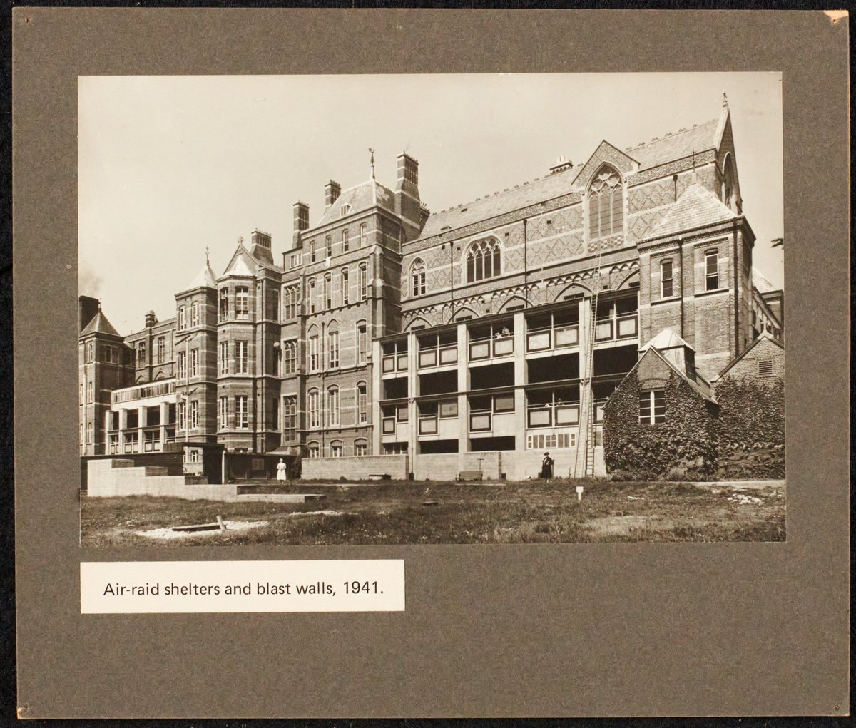 The records of the Royal Hampshire County Hospital  contain a number of memoirs of the years 1941-1945, written in the 1980s. One, written by Nancie Malcolm gives an account of how she spent VE Day   (5M63/E10/32). The photo is of the Hospital in 1941 (5M63/L1/3) #VE80 #Victory80