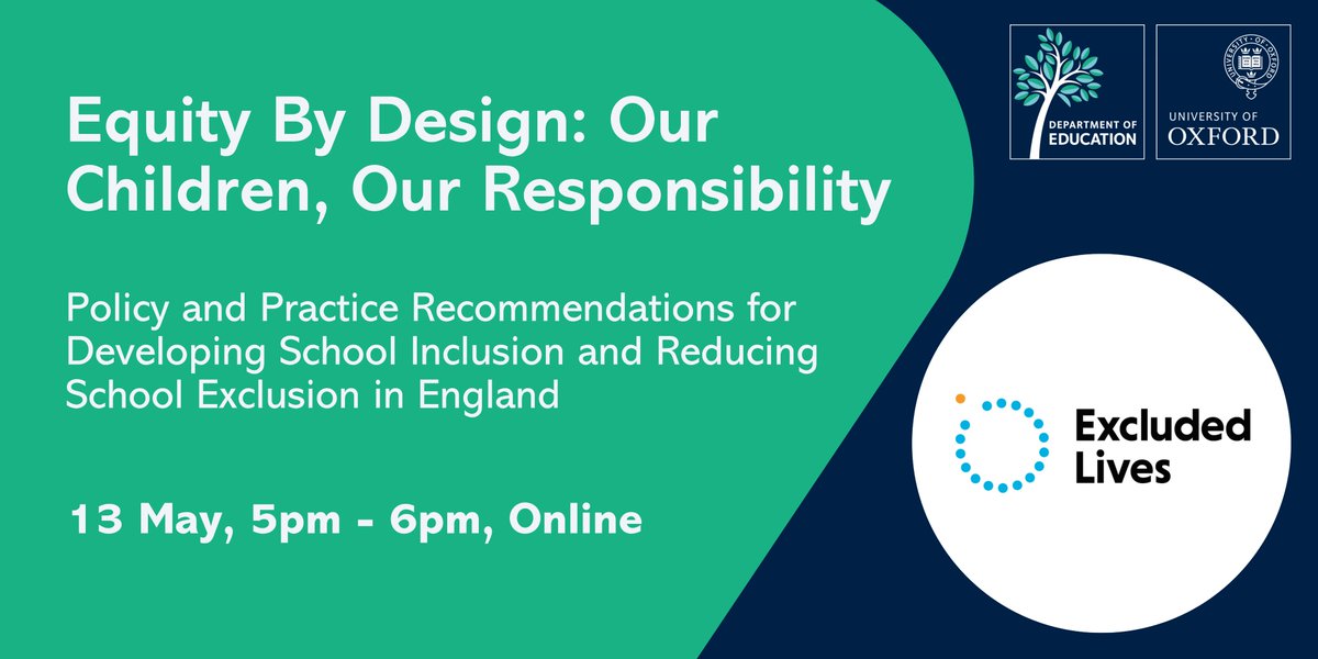 📣 New Excluded Lives report calls for action on school exclusions in England.

The Equity by Design report recommends:
✅ Shared vision &amp; responsibility
✅ Collaborative systems
✅ Inclusive curriculum &amp; culture 

💻 Join the online discussion: 13 May, 5pm
🔗 Register:
