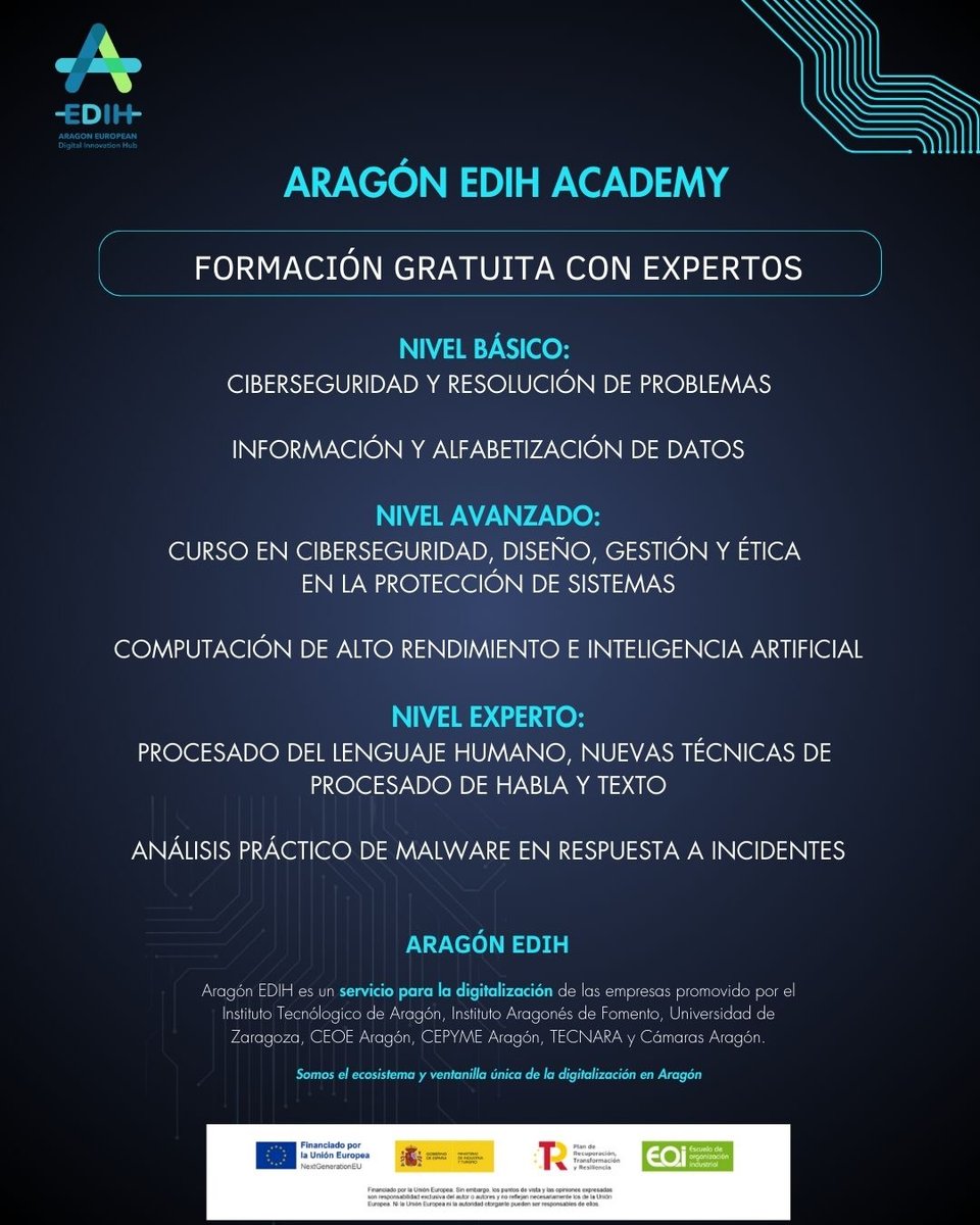 𝐅𝐎𝐑𝐌𝐀𝐂𝐈Ó𝐍 𝐆𝐑𝐀𝐓𝐔𝐈𝐓𝐀 𝐂𝐎𝐍 𝐄𝐗𝐏𝐄𝐑𝐓𝐎𝐒 𝐄𝐍: computación de alto rendimiento e inteligencia artificial,  ciberseguridad, procesado del lenguaje humano, decisiones basadas en datos.
📲 Plazas limitadas. Consulta los próximos cursos aragonedih.com/te-ofrecemos/a…
