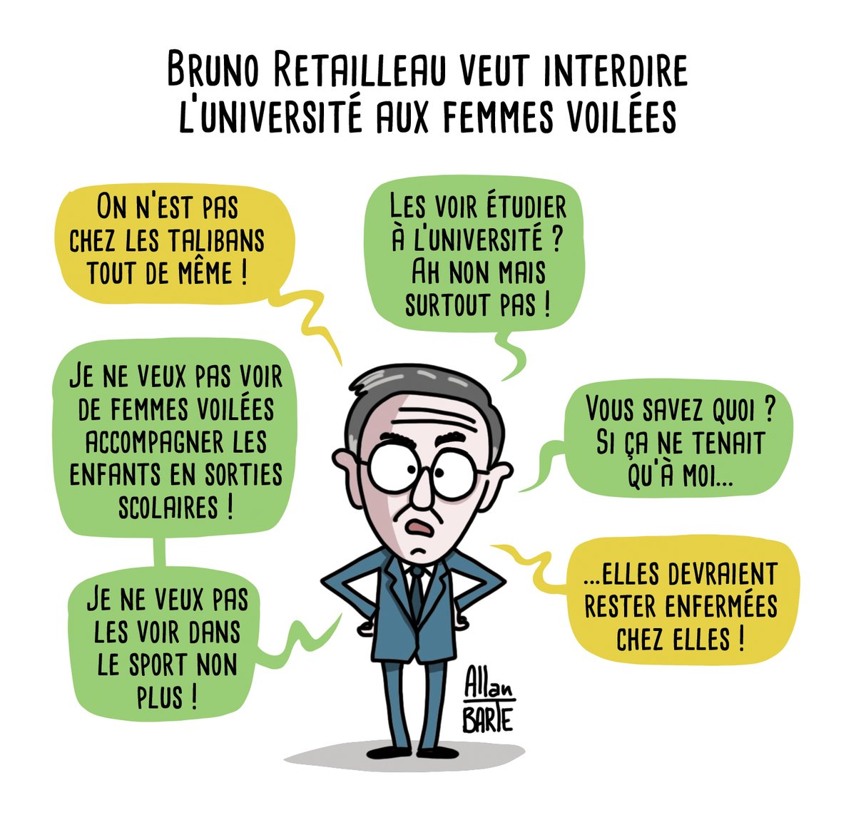 Bruno Retailleau veut interdire l’université aux femmes voilées.

Pour soutenir la lutte dessinée, engagée et indépendante :
▶️ ko-fi.com/allanbarte