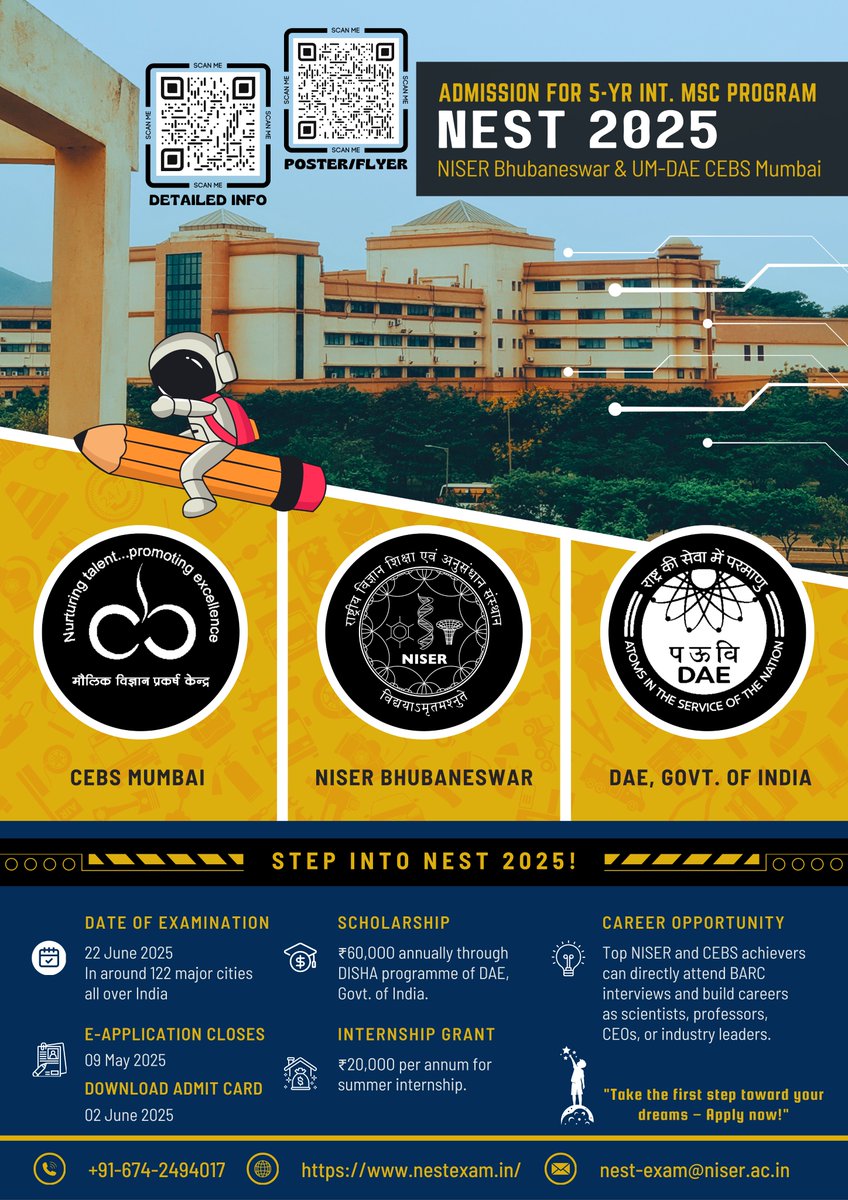 NEST 2025: The Countdown Begins! Aspiring scientists, don’t miss this opportunity to join <a href="/niser_official/">NISER</a> and UM–DAE CEBS Mumbai for a 5-year Integrated MSc in Biology, Chemistry, Mathematics, and Physics. 
Application Deadline: May 09, 2025
Apply Now: nestexam.in
