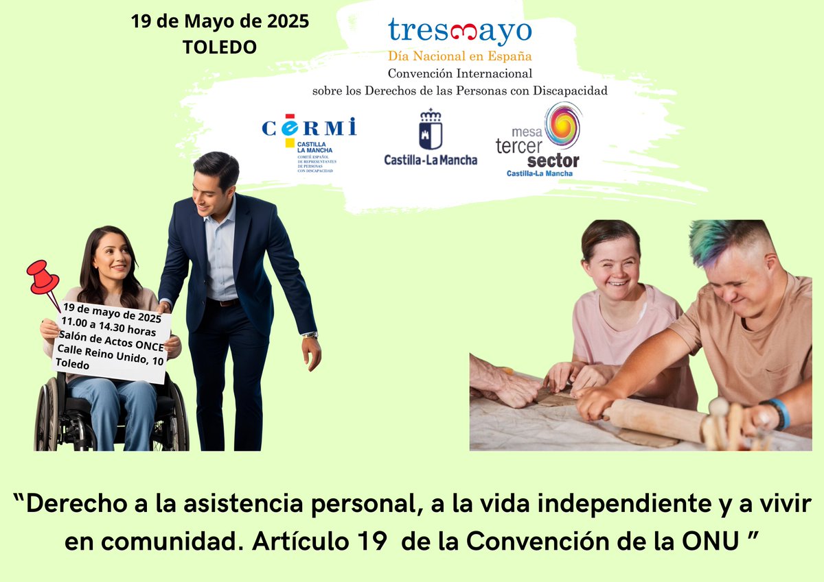 📢 El 19 de mayo defendemos el derecho a la vida independiente , asistencia personal y a vivir en comunidad-TOLEDO-
🧑‍🦽 Jornada sobre #AsistenciaPersonal | Art. 19 #ConvenciónONU
🕚 De 11:00 a 14:00 h | Experiencias, normativa y futuro
🔗 Inscríbete aquí: docs.google.com/forms/d/e/1FAI…
