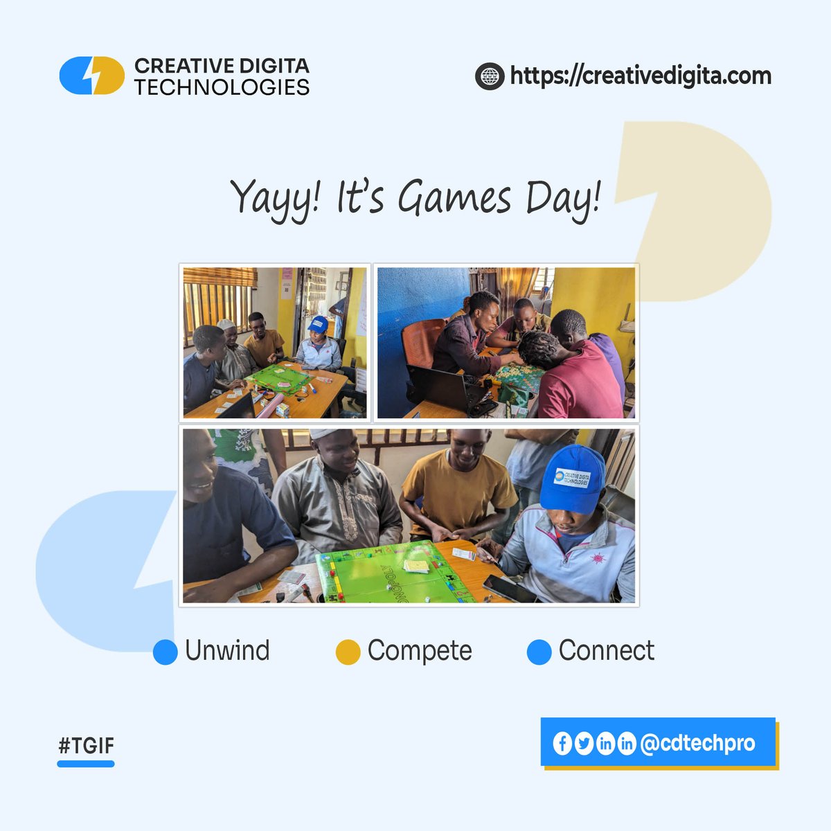 cdtechpro's tweet photo. 𝗪𝗼𝗿𝗸 𝗵𝗮𝗿𝗱, 𝗣𝗹𝗮𝘆 𝘀𝗺𝗮𝗿𝘁! 🎮 
It’s Friday—time to relax, connect, and enjoy some fun at Creative Digita Technologies. 
.
.
#GamesDayFriday https://t.co/E0pCsfX41p