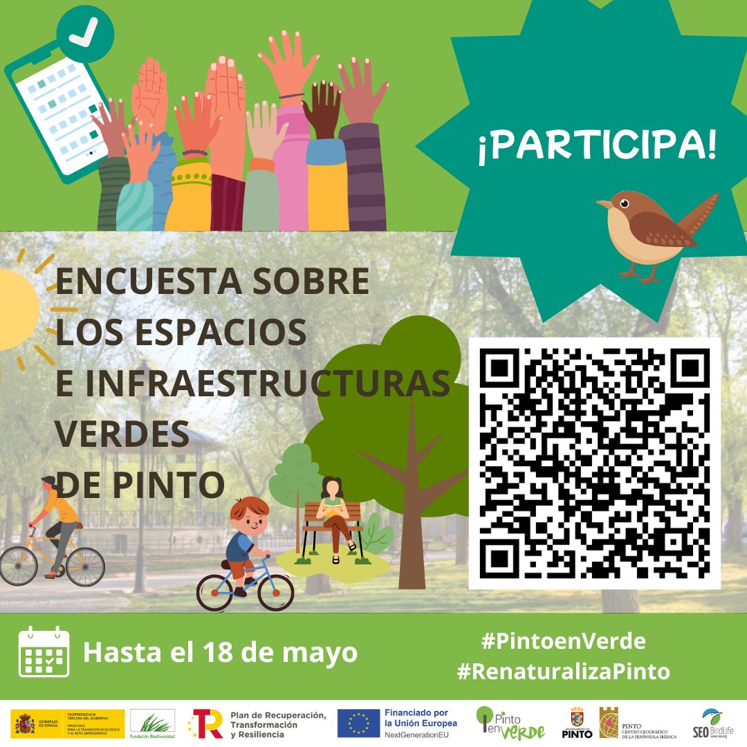 🌿 ¿Vives, trabajas o frecuentas Pinto? Imagina una ciudad más verde, natural y habitable 🏞️

🗣️ Participa en la #consulta ciudadana y ayúdanos a renaturalizar Pinto. Solo 5 min y es anónima.

🗓️Hasta el 18 de mayo 👉 bit.ly/4jUK6TQ

#RenaturalizaPinto 💚 #PintoenVerde