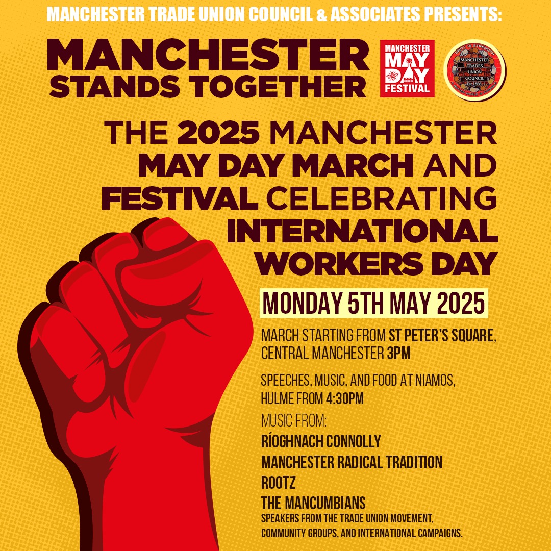 UNISON Manchester Met (@unisonmmu) on Twitter photo A reminder that we will be present at this year's Manchester May Day Festival, organised by <a href="/TUCManchester/">Manchester TUC</a>, on 5 May.
The march starts at St Peter's Square at 3pm and ends at Niamos in Hulme at 4:30pm A reminder that we will be present at this year's Manchester May Day Festival, organised by <a href="/TUCManchester/">Manchester TUC</a>, on 5 May.
The march starts at St Peter's Square at 3pm and ends at Niamos in Hulme at 4:30pm