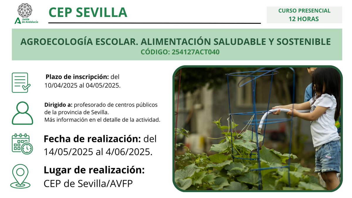 Actividad formativa sobre alimentación saludable.  Consulta la página web de CEP SEVILLA para inscribirte.