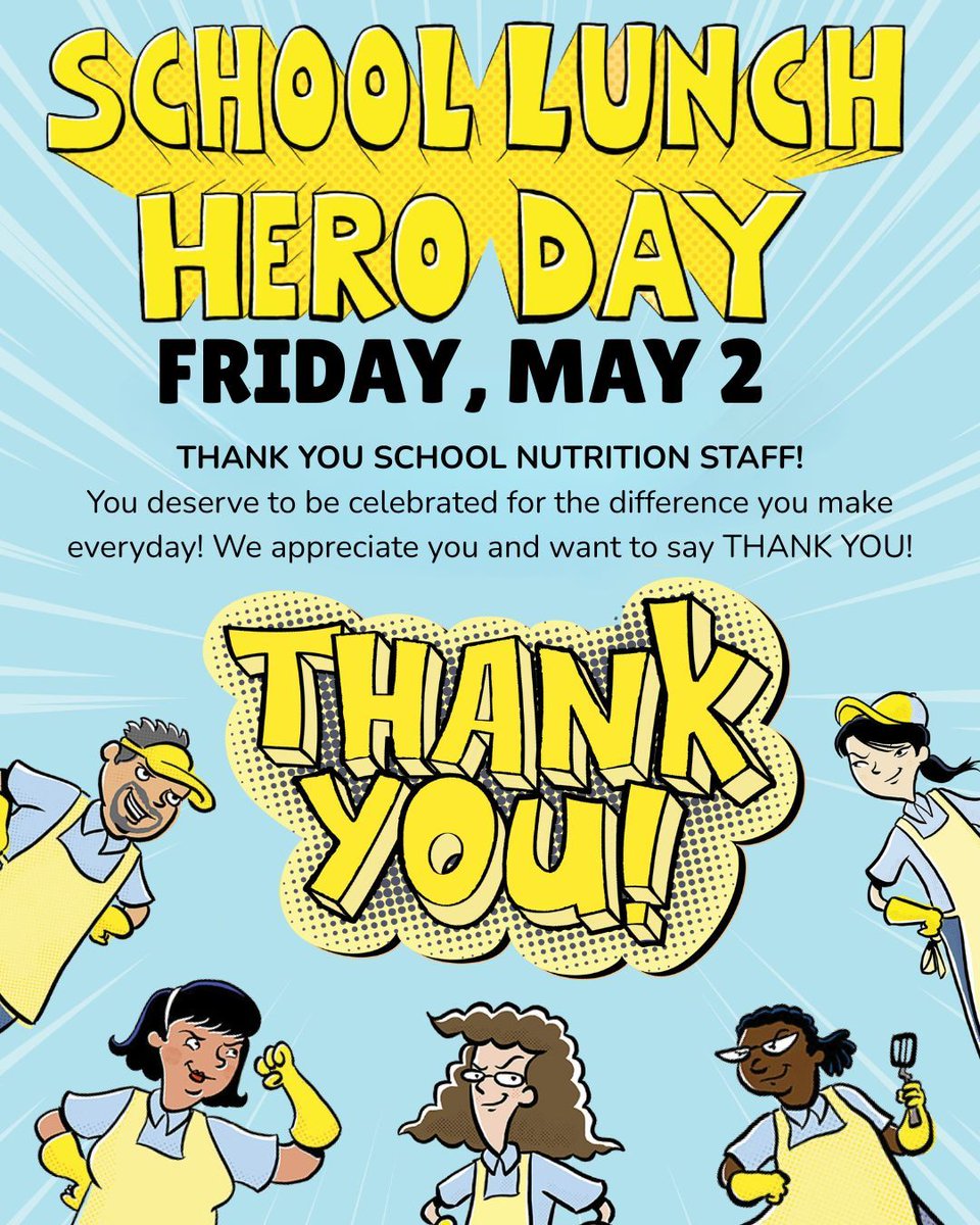 Happy School Lunch Hero Day!
Today we celebrate the amazing cafeteria teams who fuel our students with healthy meals, big smiles, and caring hearts every single day!  Thank you for everything you do behind the scenes to keep our schools running and our students ready to learn.