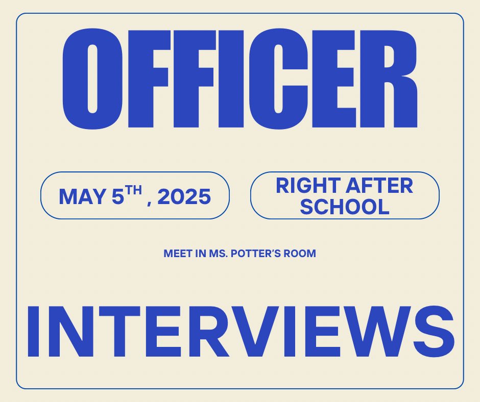 Excited for our officer interviews on May 5th right after school! Can't wait to see who will lead us for the 25-26 school year! 🎉 #FutureLeaders #OfficerInterviews