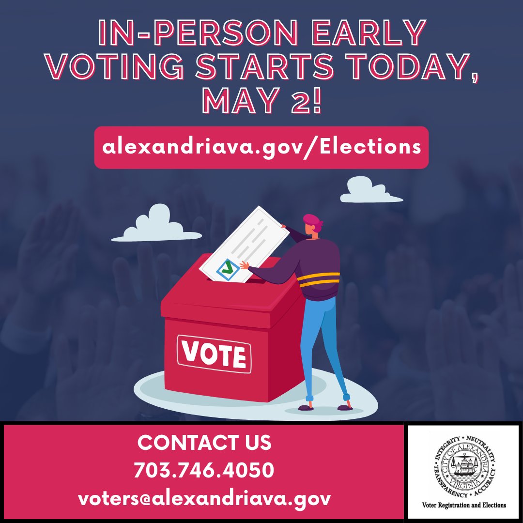 Early in-person voting starts today, May 2nd! Voting is available from 8am-5pm at our office at 132 N Royal St. Find more information, including sample ballots and a full early voting schedule on our website: alexandriava.gov/Elections