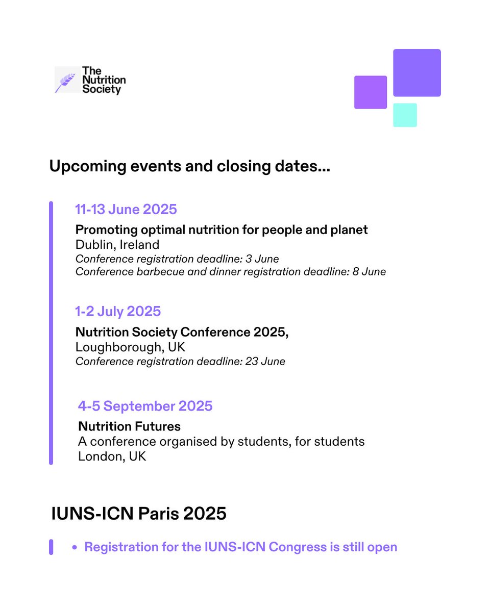 The Nutrition Society Student Section (@nutsoc_sc) on Twitter photo Don't miss out on our #nutritionopportunities in May:
1. New webinars bit.ly/3OyTTRv
2. Our events bit.ly/47IkpjM
3. <a href="/icnparis2025/">IUNS International Congress on Nutrition 2025</a> bit.ly/47hJWRi
4. External #NutritionConferences
#NutritionScience #NutritionCareer #NutritionCPD #Nutrition Don't miss out on our #nutritionopportunities in May:
1. New webinars bit.ly/3OyTTRv
2. Our events bit.ly/47IkpjM
3. <a href="/icnparis2025/">IUNS International Congress on Nutrition 2025</a> bit.ly/47hJWRi
4. External #NutritionConferences
#NutritionScience #NutritionCareer #NutritionCPD #Nutrition