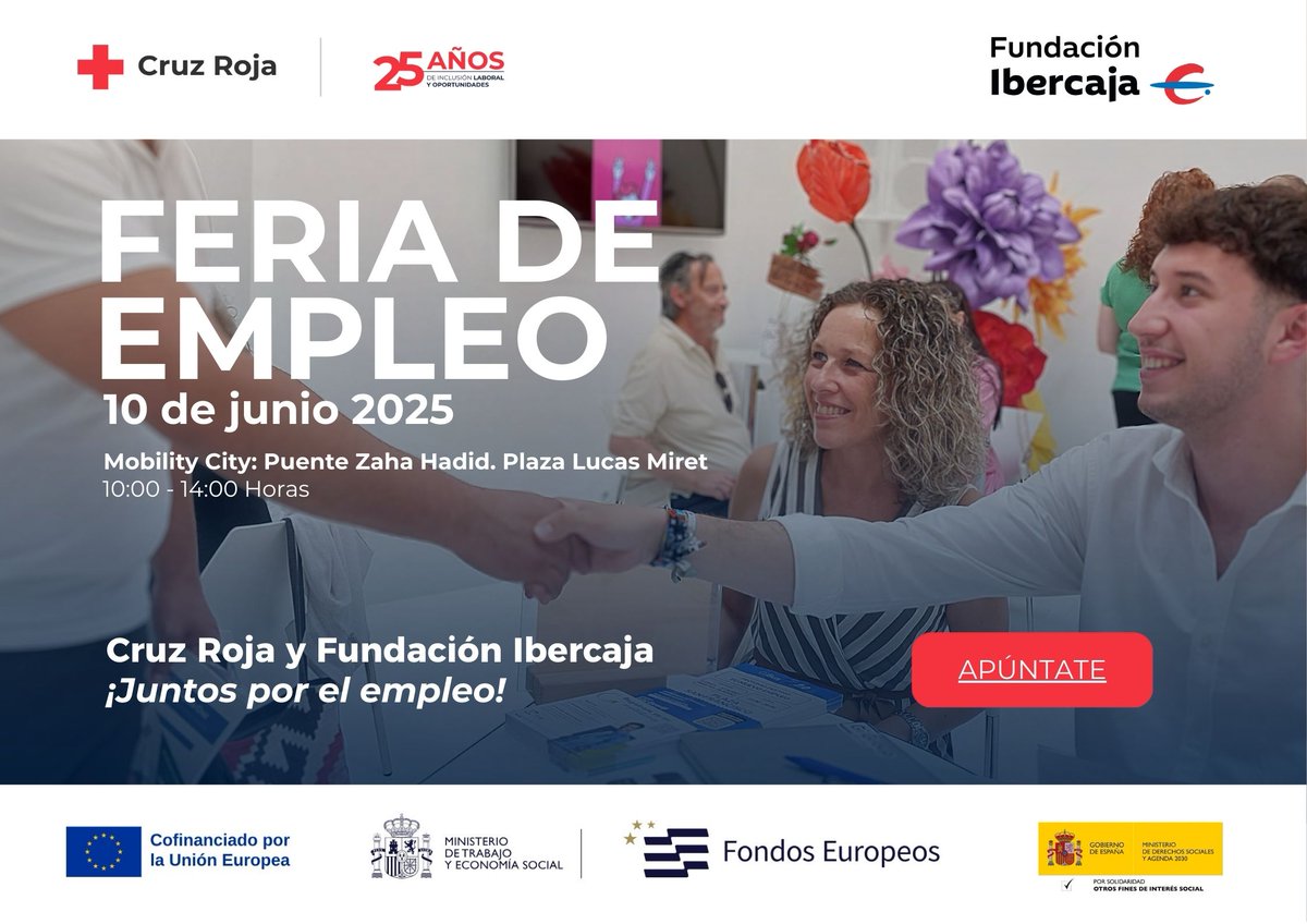 Cruz Roja en Zaragoza (@cruzrojazgz) on Twitter photo Cruz Roja en Zaragoza organiza la Feria de Empleo el 10 de junio en el Pabellón Puente Mobility City con el apoyo de <a href="/FundIbercaja/">Fundación Ibercaja</a>.
🎯 OBJETIVO: Acercar oportunidades a quienes buscan empleo.
✍️INSCRÍBETE: ow.ly/qrJj50VLR2M Cruz Roja en Zaragoza organiza la Feria de Empleo el 10 de junio en el Pabellón Puente Mobility City con el apoyo de <a href="/FundIbercaja/">Fundación Ibercaja</a>.
🎯 OBJETIVO: Acercar oportunidades a quienes buscan empleo.
✍️INSCRÍBETE: ow.ly/qrJj50VLR2M