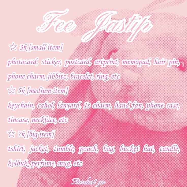 ☆ 𝐉𝐚𝐬𝐭𝐢𝐩 𝐛𝐲 𝐒𝐭𝐚𝐫𝐝𝐮𝐬𝐭 ☆
Visit : Sabtu 3 Mei &amp; Minggu 4 Mei 2025 

🧜‍♀️Fee Jastip (Perbarang)🧜‍♀️
☆ 3k [small item]
☆ 5k [medium item]
☆ 7k [big item]

dm for order 💌