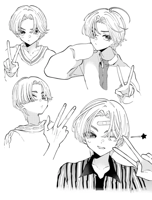 第1話の原稿を描く前に練習で描いてた御門くん、何でピースばっかしてるのかは不明 