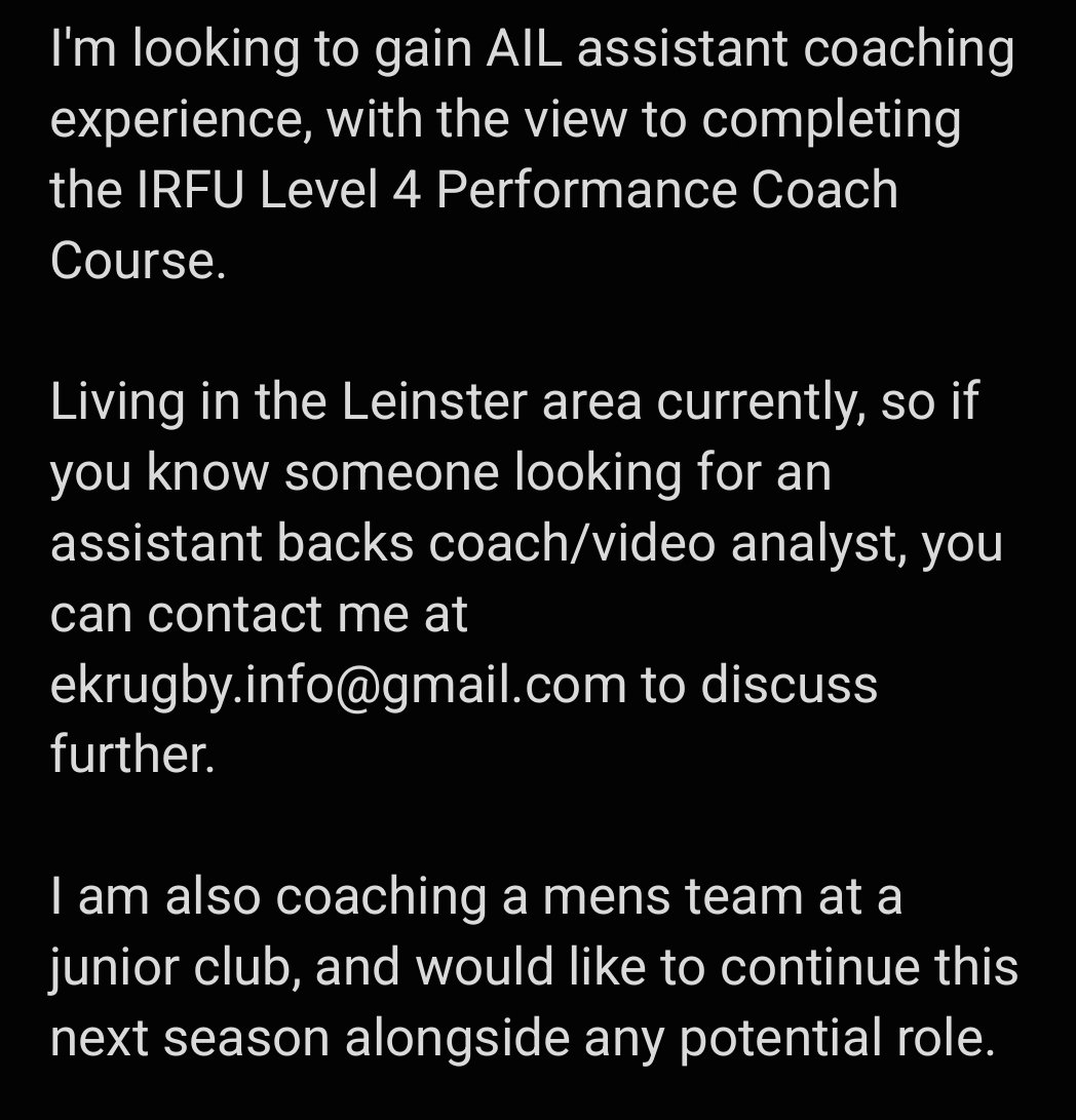 EK Rugby Analysis (@ek_rugby) on Twitter photo Here goes...
Looking to get coaching experience at an AIL club next season, with the view to doing the IRFU Level 4 Performance Coach course.
If you know someone looking for an assistant backs coach/video analyst, you can contact me at ekrugby.info@gmail.com for more details. Here goes...
Looking to get coaching experience at an AIL club next season, with the view to doing the IRFU Level 4 Performance Coach course.
If you know someone looking for an assistant backs coach/video analyst, you can contact me at ekrugby.info@gmail.com for more details.