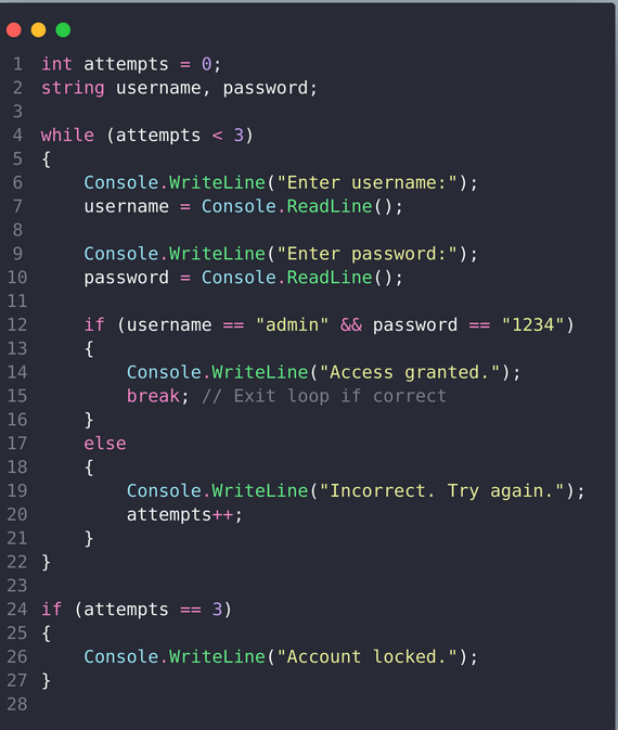 DevBehruz's tweet image. Simple C# Login System (3 Attempts Max) — Day 1 of my .NET Backend Bootcamp