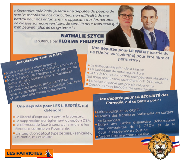 LE 62 DES PATRIOTES AVEC FLORIAN PHILIPPOT (@62patriotes) on Twitter photo Ce 18 mai NATHALIE SZYCH <a href="/SZYCH1/">SZYCH NATHALIE</a> est candidate aux législatives partielles 2025 (circo 05-71).
👉SA VICTOIRE SERA LA VICTOIRE DE TOUS LES FRANCAIS👈
Si vous êtes dans sa circonscription, donnez-lui votre voix pour qu'elle soit celle des #Patriotes à l'Assemblée Nationale ! Ce 18 mai NATHALIE SZYCH <a href="/SZYCH1/">SZYCH NATHALIE</a> est candidate aux législatives partielles 2025 (circo 05-71).
👉SA VICTOIRE SERA LA VICTOIRE DE TOUS LES FRANCAIS👈
Si vous êtes dans sa circonscription, donnez-lui votre voix pour qu'elle soit celle des #Patriotes à l'Assemblée Nationale !