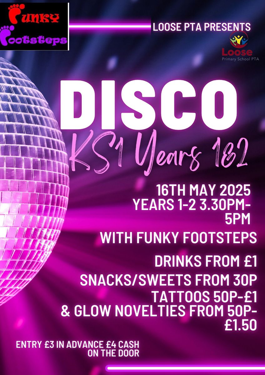 KS1 Years 1 &amp; 2 are you ready to party the evening away ?

Coming Friday 16th May entertainment provided by Funky Footsteps, it’s set to be glowing (literally) 

Payment via school money shop check emails for more details 🥰 🪩 💃🏽 🕺🏼