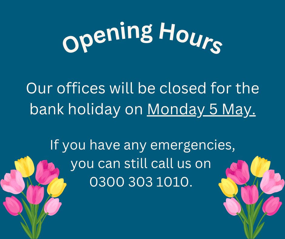The bank holiday weekend is here! All of our offices will be closed on Monday 5 May. We'll still be available for you to raise emergency repairs; find out what's included here: bit.ly/3RN53Eu